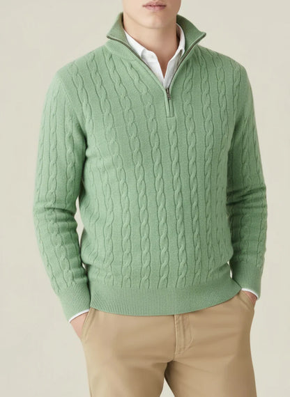 Herren Kabelstrick Pullover Halbzipper Stehkragen Ribbensaum