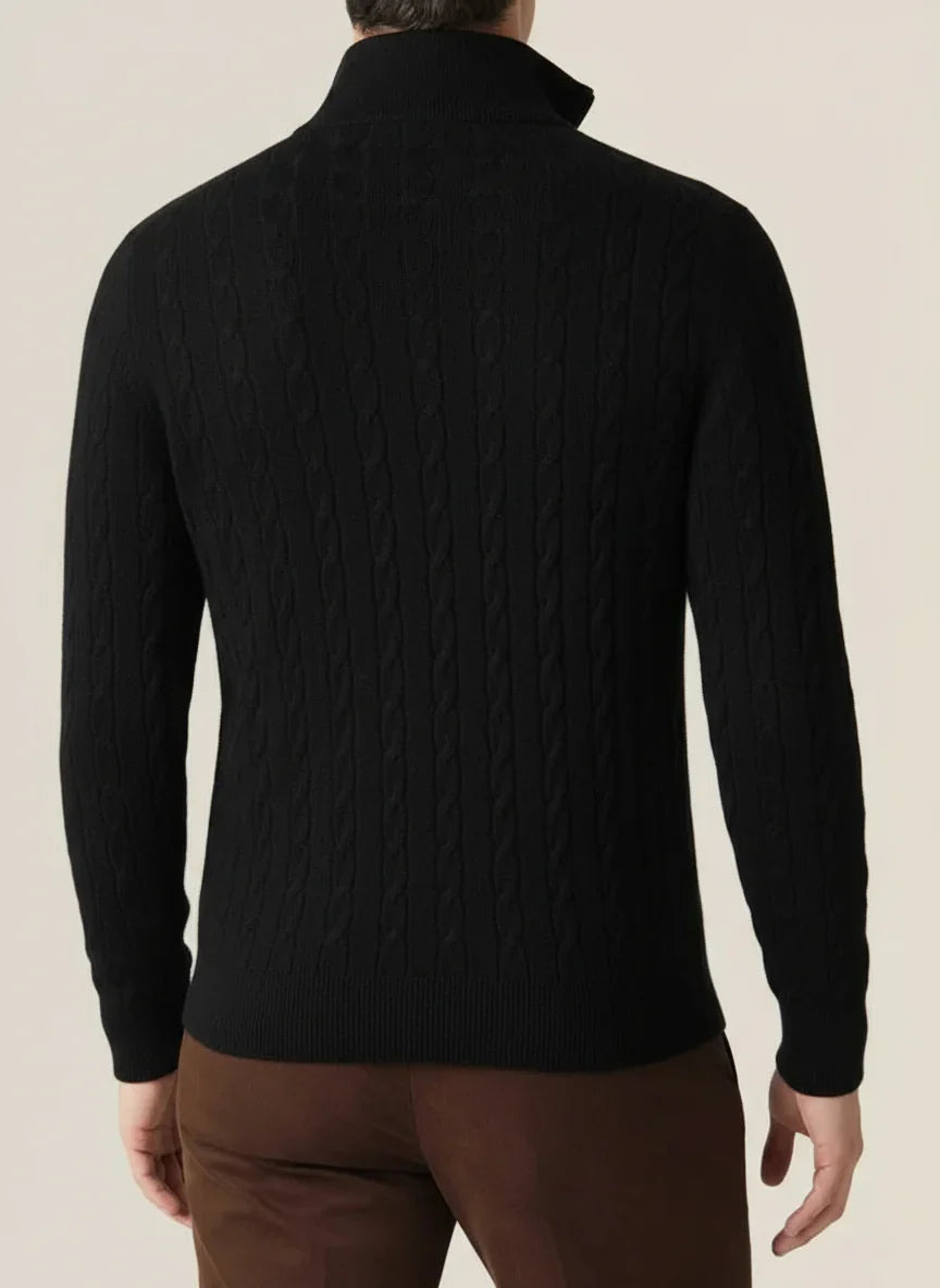 Herren Kabelstrick Pullover Halbzipper Stehkragen Ribbensaum