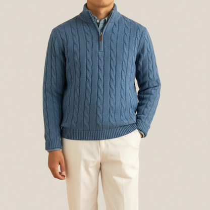 Herren Kabelstrick Pullover Halbzipper Stehkragen Ribbensaum
