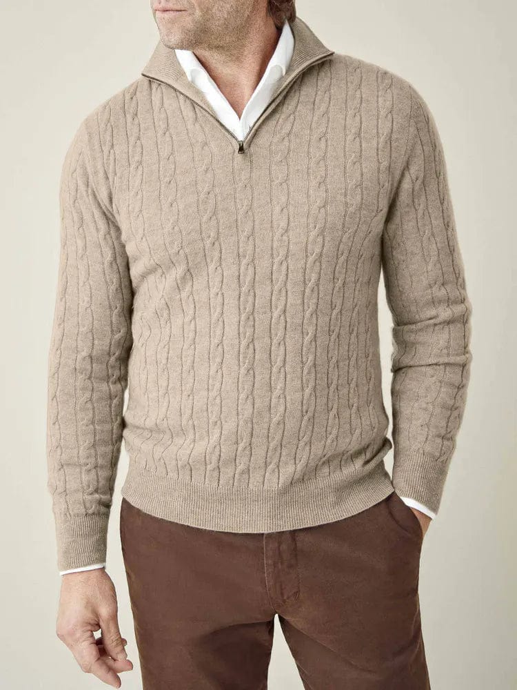 Herren Kabelstrick Pullover Halbzipper Stehkragen Ribbensaum