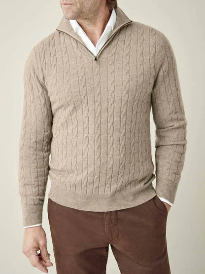 Herren Kabelstrick Pullover Halbzipper Stehkragen Ribbensaum