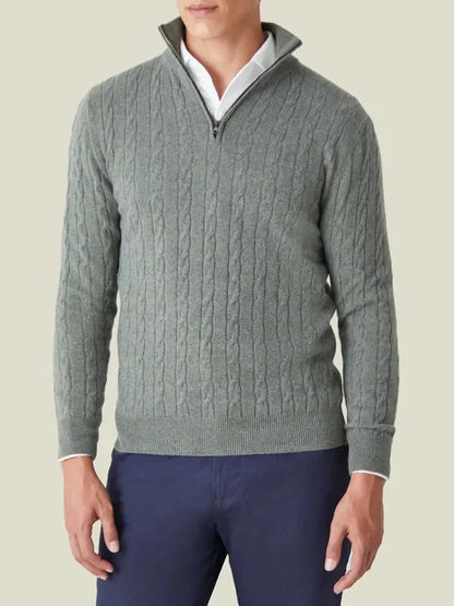 Herren Kabelstrick Pullover Halbzipper Stehkragen Ribbensaum