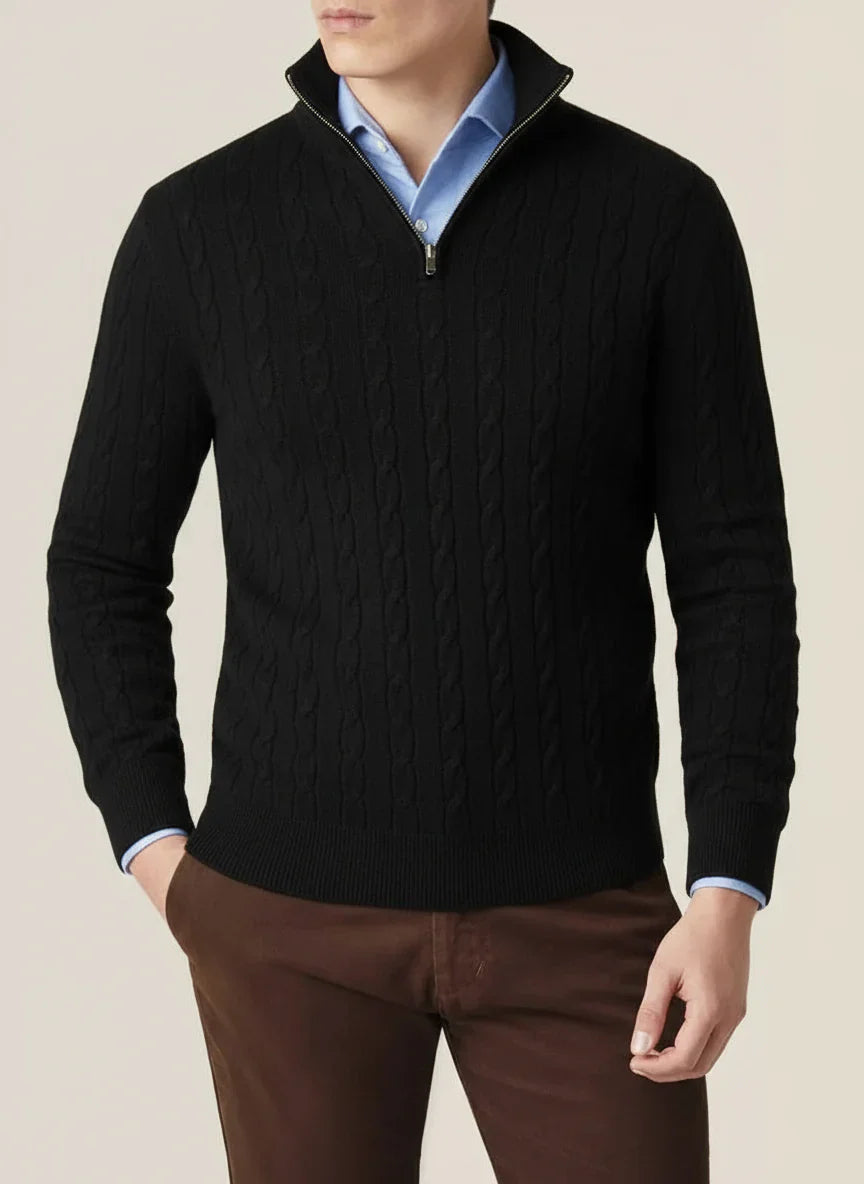 Herren Kabelstrick Pullover Halbzipper Stehkragen Ribbensaum - Eveloria