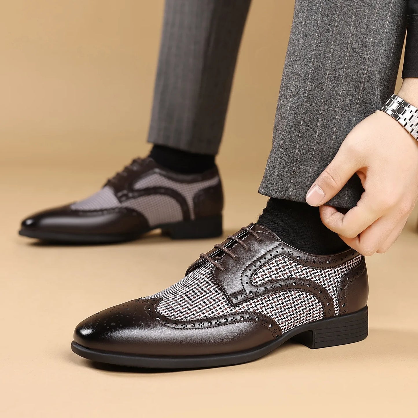 Herren Oxford Schuhe Hahnentritt-Muster Klassische Brogue-Details