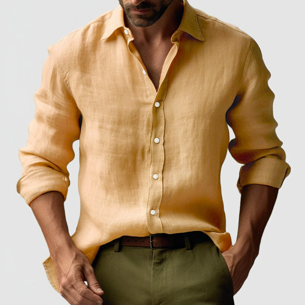 Herren Leinenhemd Langarm Lässig Knopfleiste Beige
