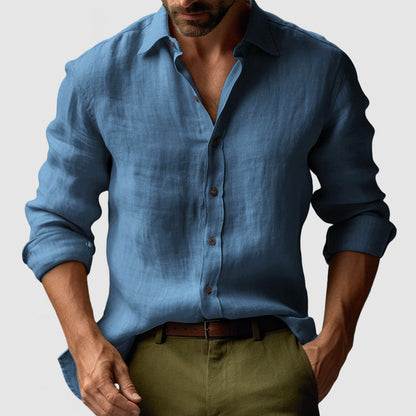 Herren Leinenhemd Langarm Lässig Knopfleiste Beige