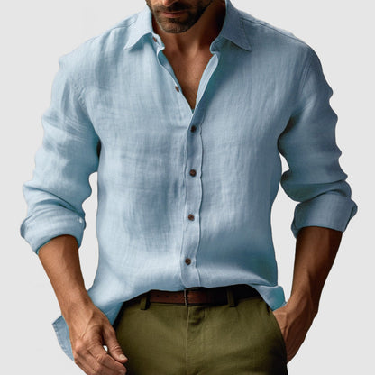 Herren Leinenhemd Langarm Lässig Knopfleiste Beige
