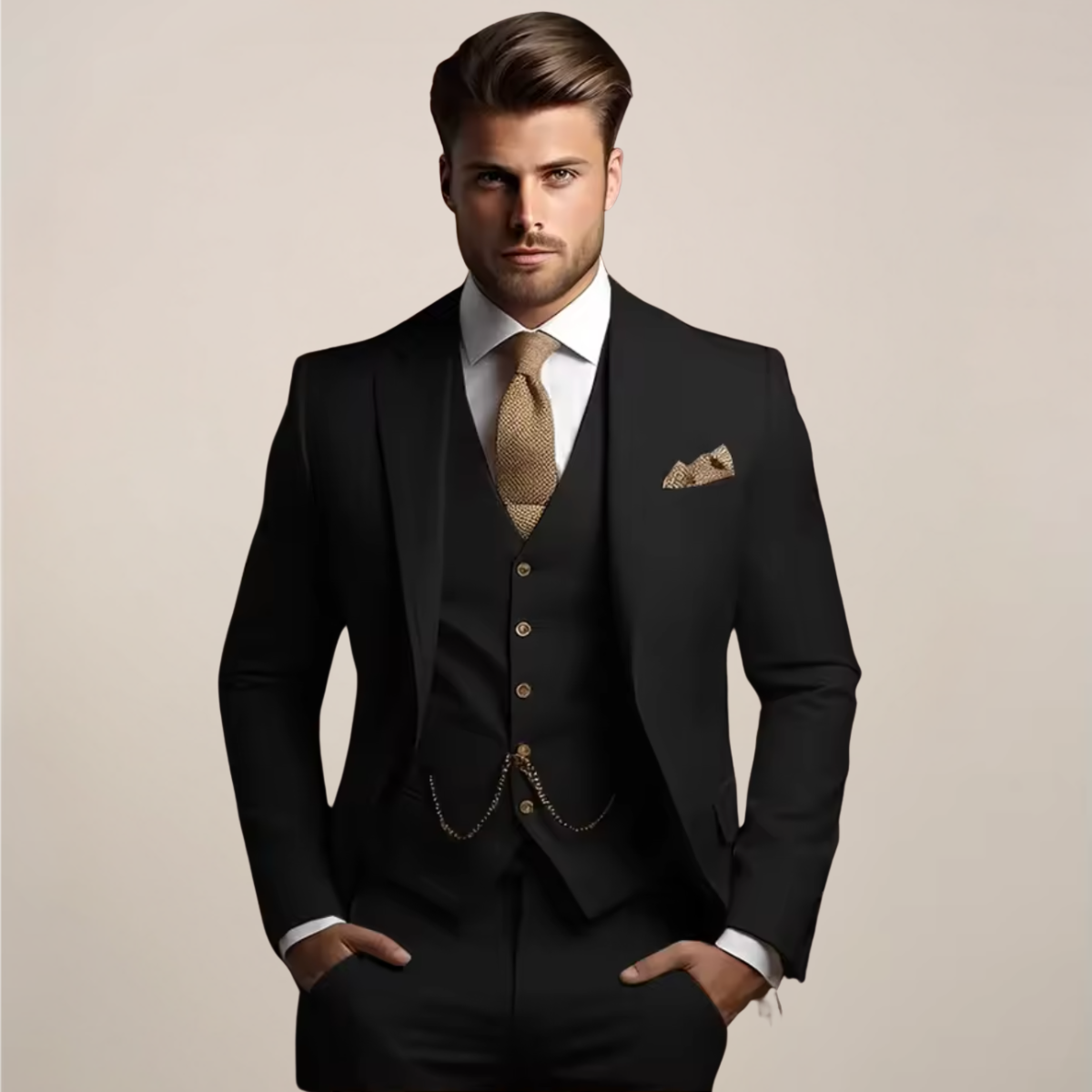 Herren Drei-Teile-Anzug Frühjahr Formal Schwarz - Eveloria