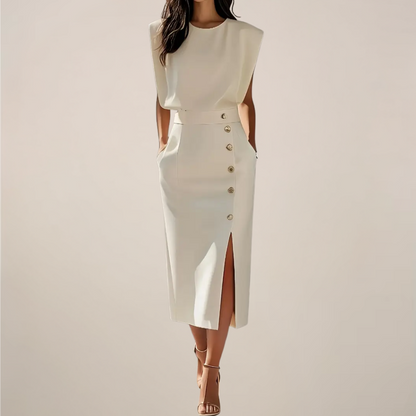 Damen Ärmelloses Midi-Kleid Sommerkleid Knopfleiste Schwarz - Eveloria