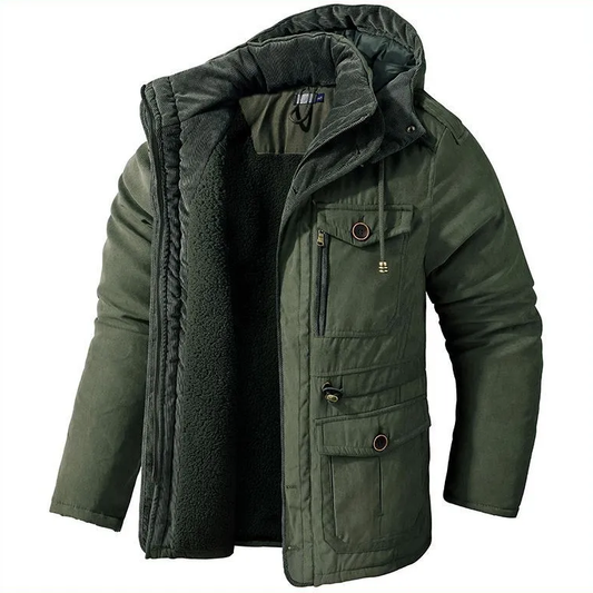 Herren Winterjacke Fleecegefüttert Kapuze Taschen Schwarz - Eveloria
