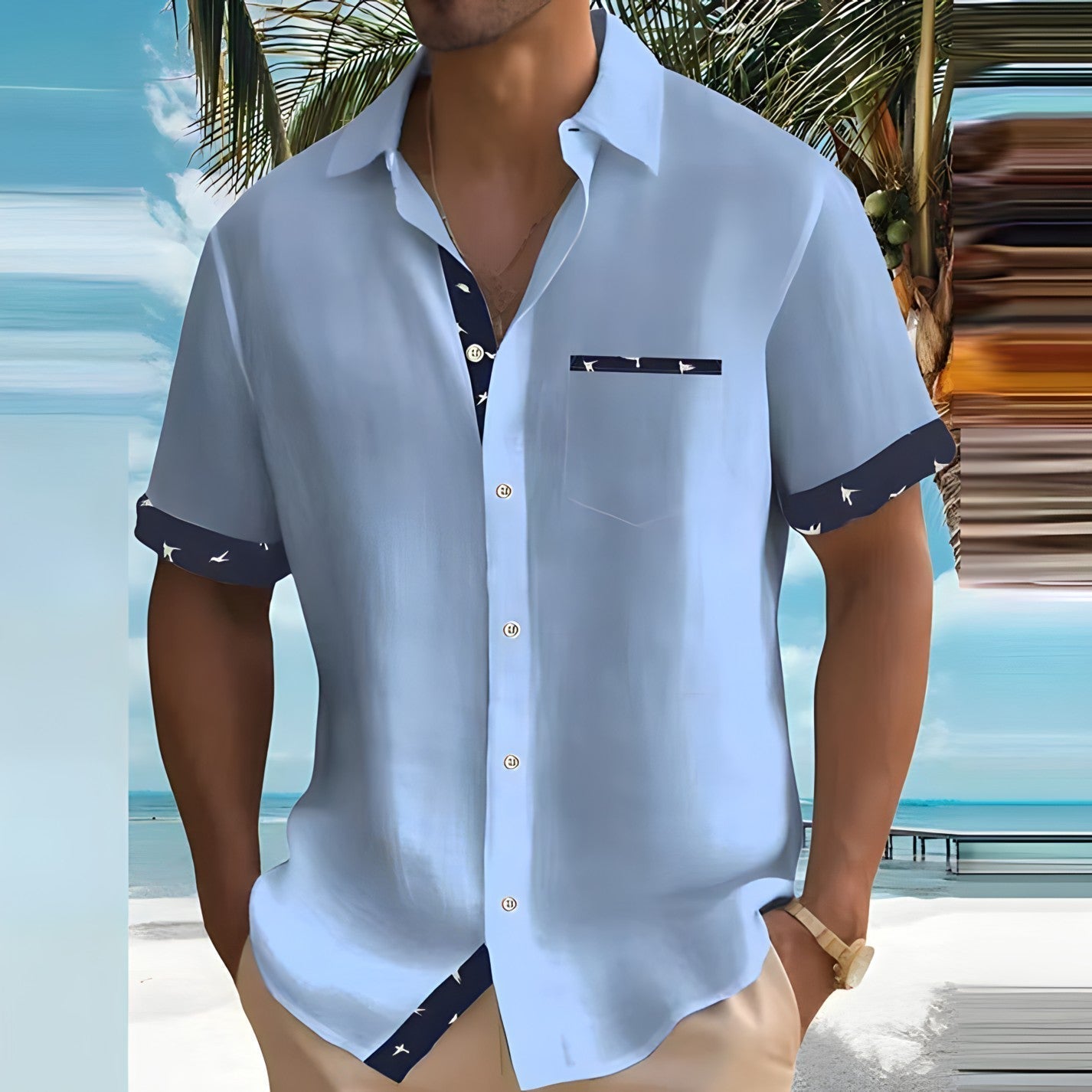 Herren Sommerhemd Reverskragen Kurzarm Leicht Beige