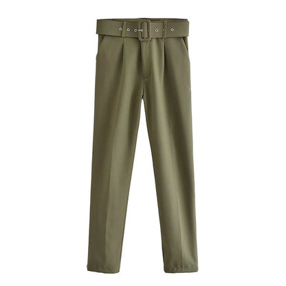 Eveloria Damen Hochbundhose mit Gürtel und Taschen Beige
