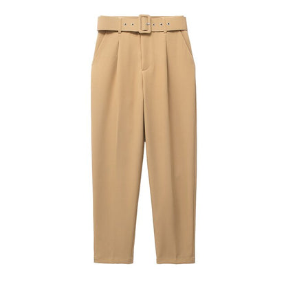 Eveloria Damen Hochbundhose mit Gürtel und Taschen Beige