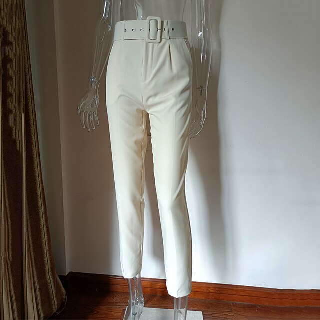 Eveloria Damen Hochbundhose mit Gürtel und Taschen Beige