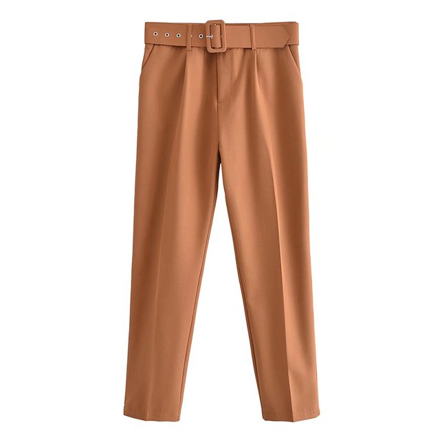 Eveloria Damen Hochbundhose mit Gürtel und Taschen Beige