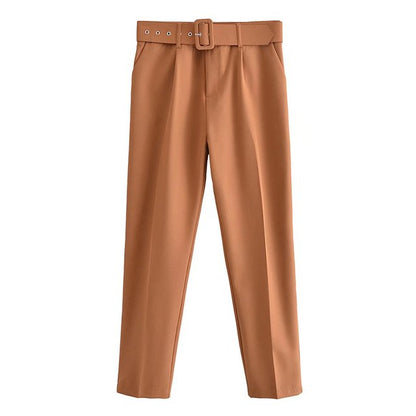 Eveloria Damen Hochbundhose mit Gürtel und Taschen Beige