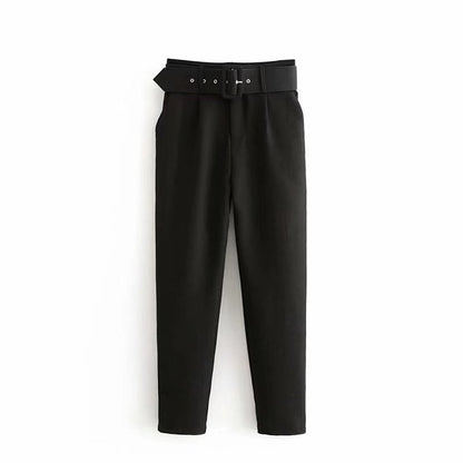 Eveloria Damen Hochbundhose mit Gürtel und Taschen Beige