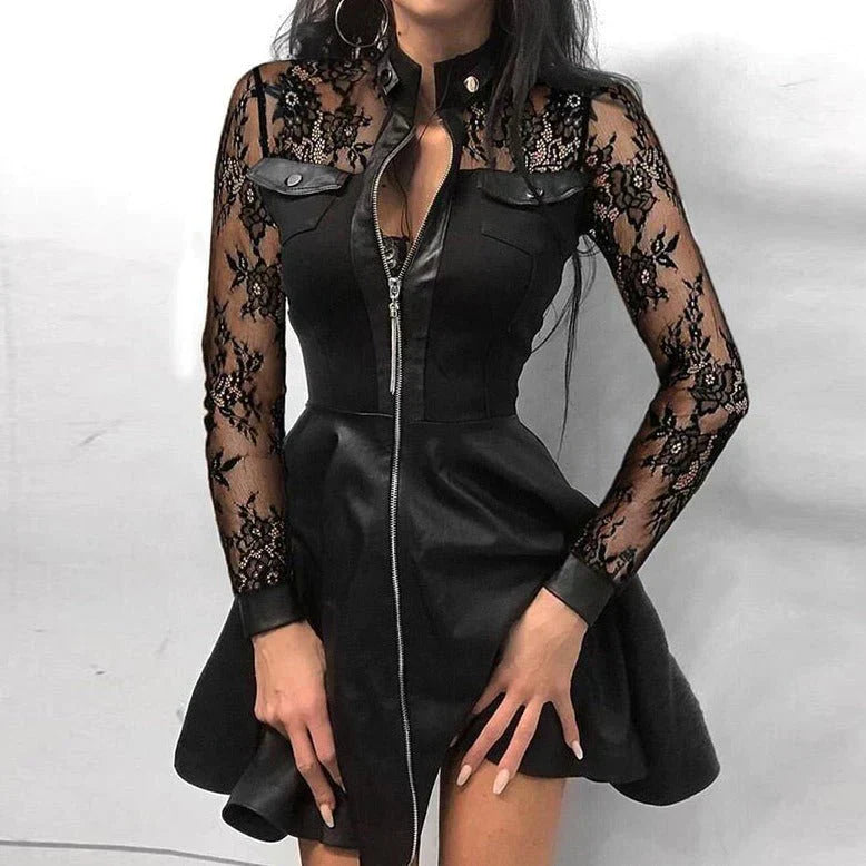 Damenkleid Frontreißverschluss Stylisch Schwarz - Eveloria