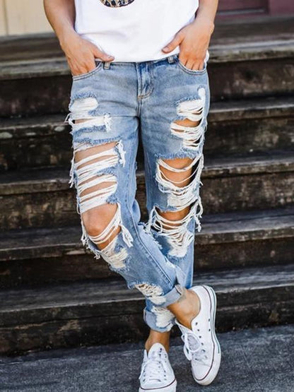 Eveloria Damen Loses Jeans aus Denim mit Lochmuster