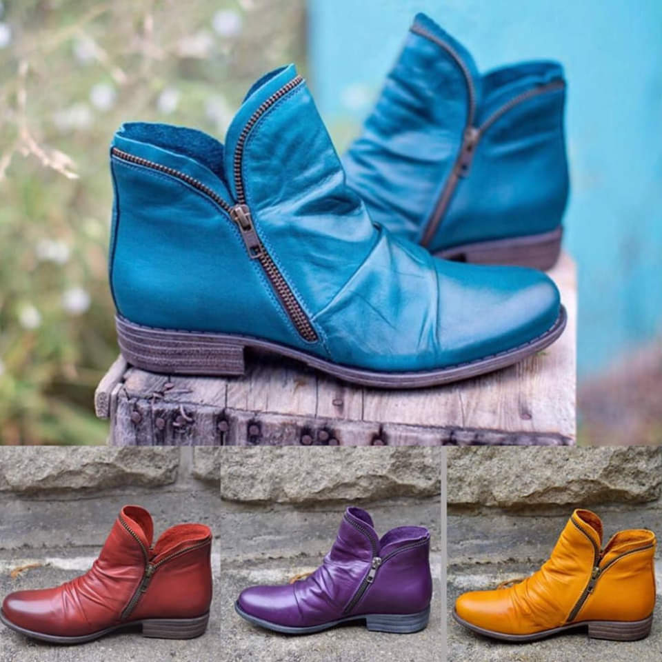 Eveloria Damen Stiefeletten Leder Runde Spitze Niedriger Absatz - Eveloria