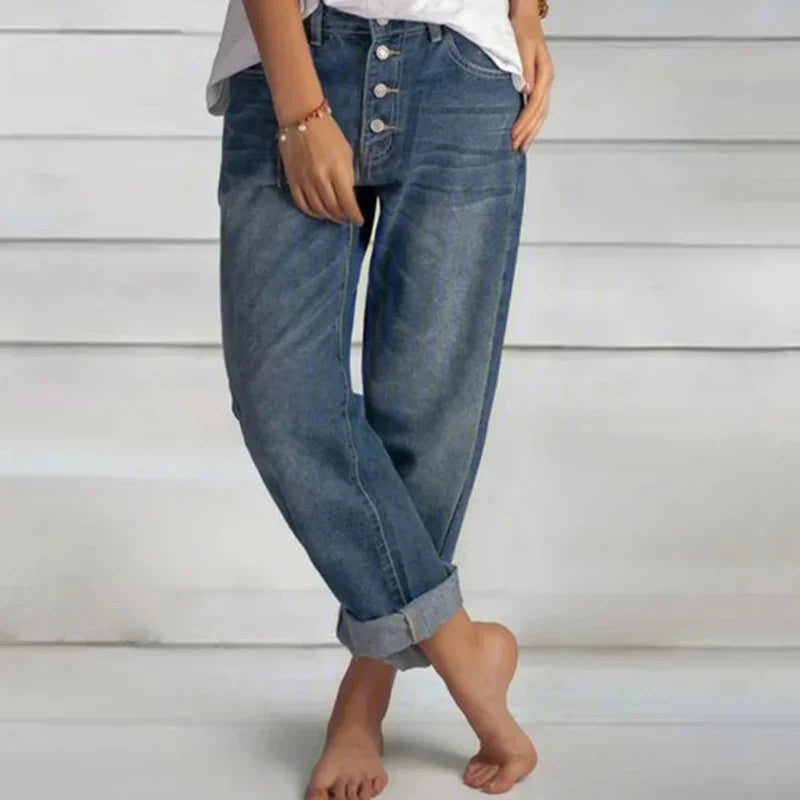 Damen Frühlingsjeans mit Knopfleiste und lockerer Passform - Eveloria