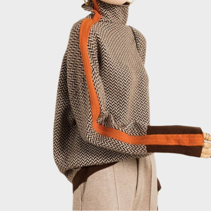 Damen Rollkragenpullover Fischgrät Muster Wollmix