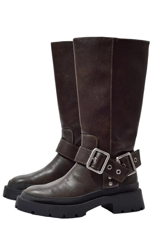 Damen Stiefel Braun Schnalle Flach - Eveloria