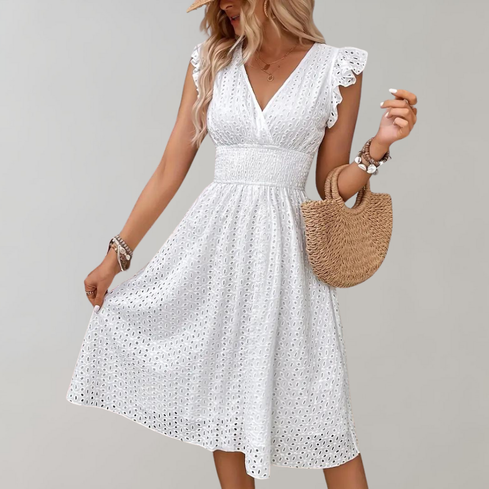 Damen Sommerkleid Weiß Rüschen V-Ausschnitt - Eveloria