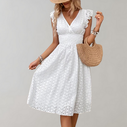 Damen Sommerkleid Weiß Rüschen V-Ausschnitt