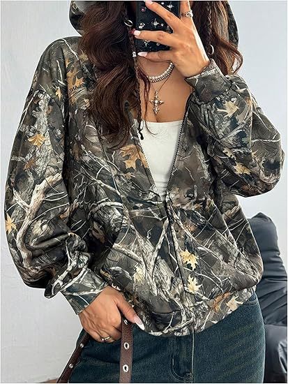 Damen Kapuzenjacke Camouflage Muster Locker Passform