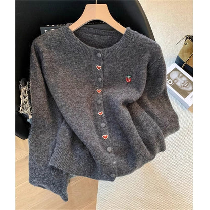 Damen Strickjacke Kuschelig Herz Erdbeere Applikationen