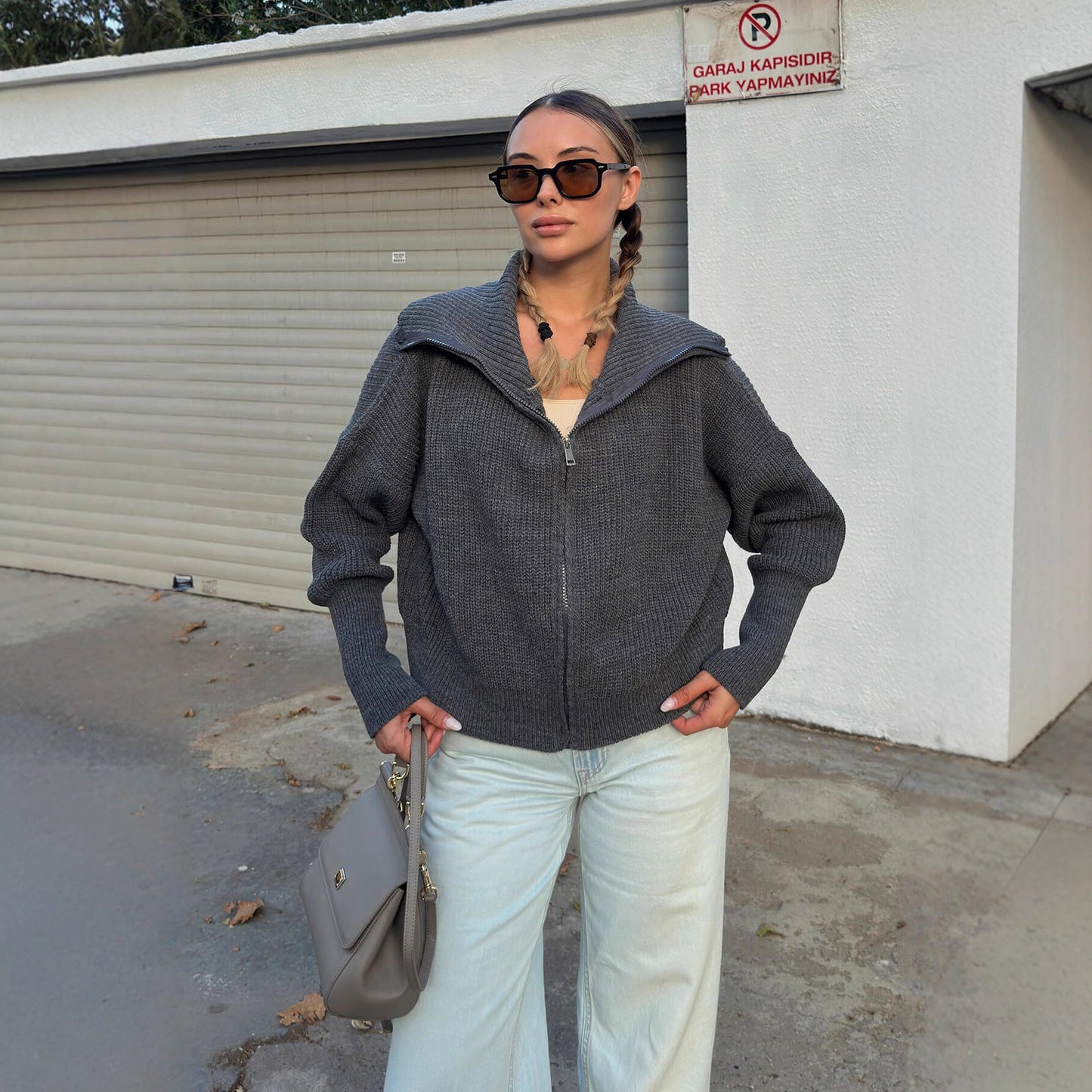 Damen Strickjacke Oversized Reißverschluss Hochkragen
