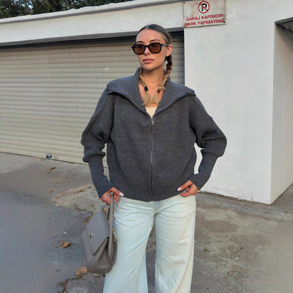 Damen Strickjacke Oversized Reißverschluss Hochkragen