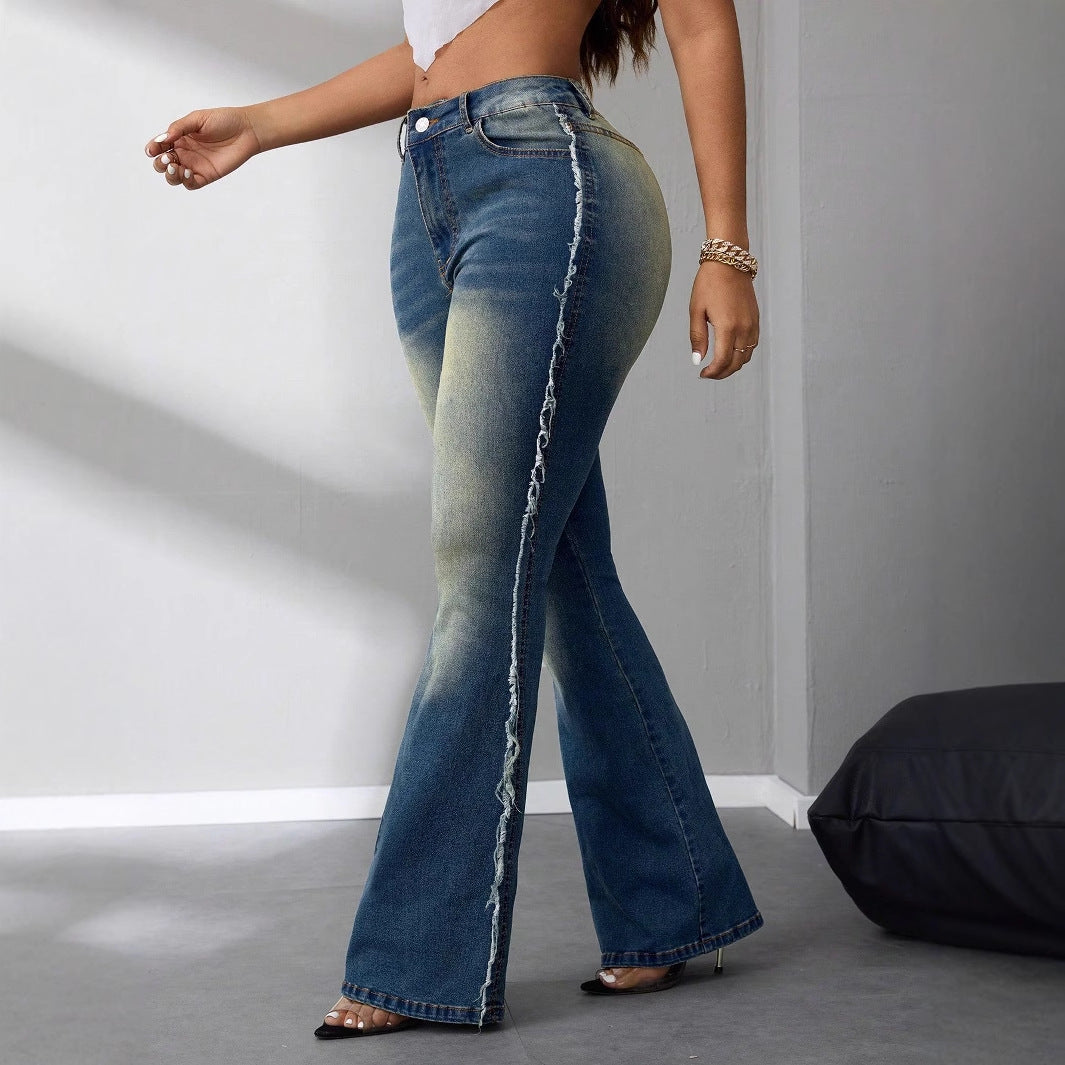 Damen Bootcut Jeans Hohes Bund Leichter Denim Fransen Details