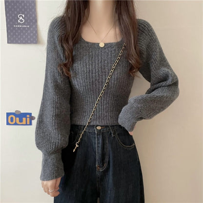 Damen Rippstrickpullover Weite Ärmel Bequem Grau
