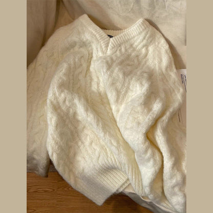 Damen Grobstrickpullover V-Ausschnitt Zopfmuster Eveloria