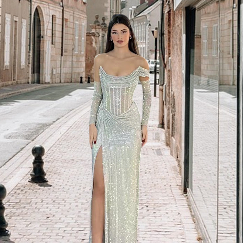 Damen Abendkleid mit Schmuckdetail und drapiertem Rock Eveloria