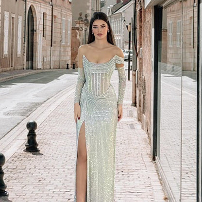 Damen Abendkleid mit Schmuckdetail und drapiertem Rock Eveloria