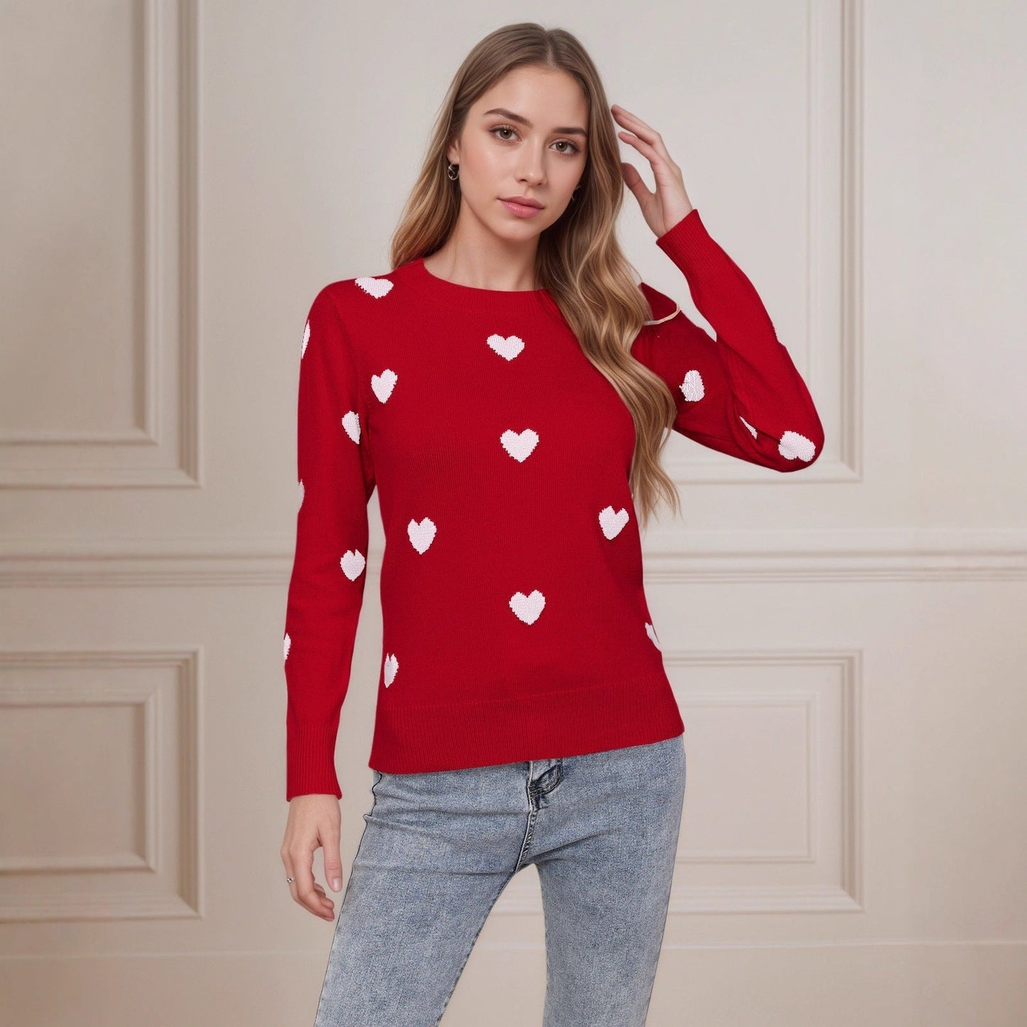 Damen Strickpullover Herz-Design Feine Struktur