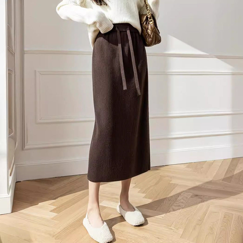 Damen Midi-Rock Elastischer Bund Taillierender Bindegürtel