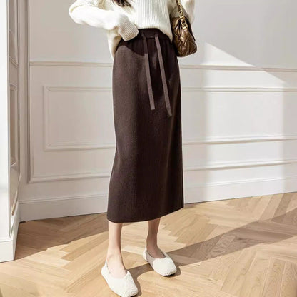 Damen Midi-Rock Elastischer Bund Taillierender Bindegürtel