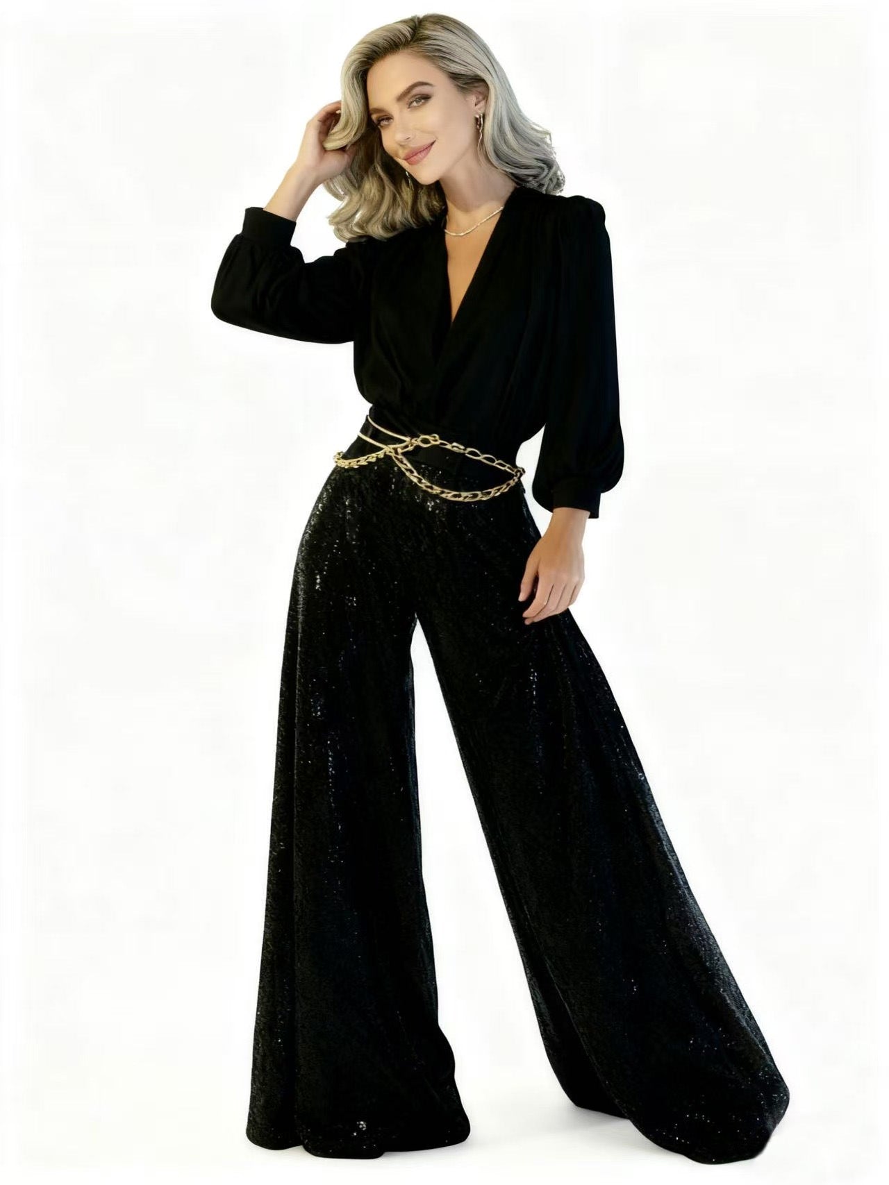 Damen Jumpsuit Eleganz Pailletten V-Ausschnitt Eveloria