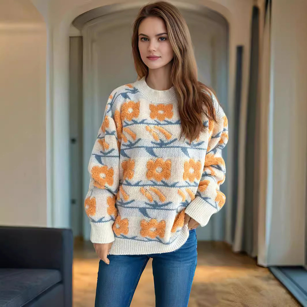 Damen Strickpullover Kuscheliger Floralmuster 3D-Applikationen