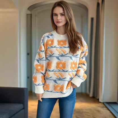 Damen Strickpullover Kuscheliger Floralmuster 3D-Applikationen