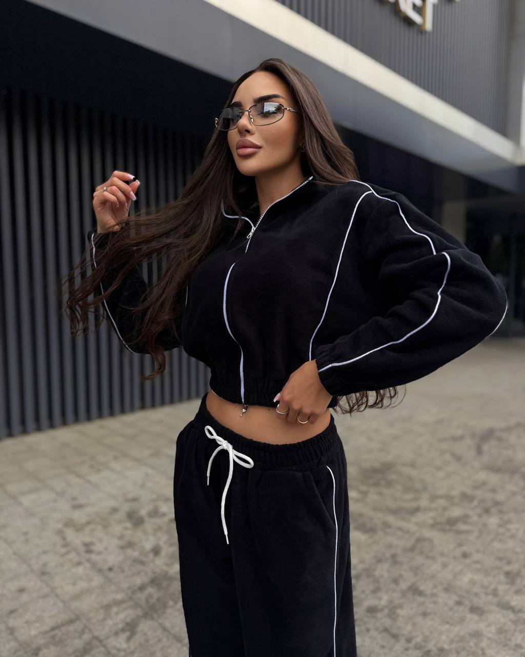 Damen Hoodie Jogginghose Set Cropped Grau Eveloria