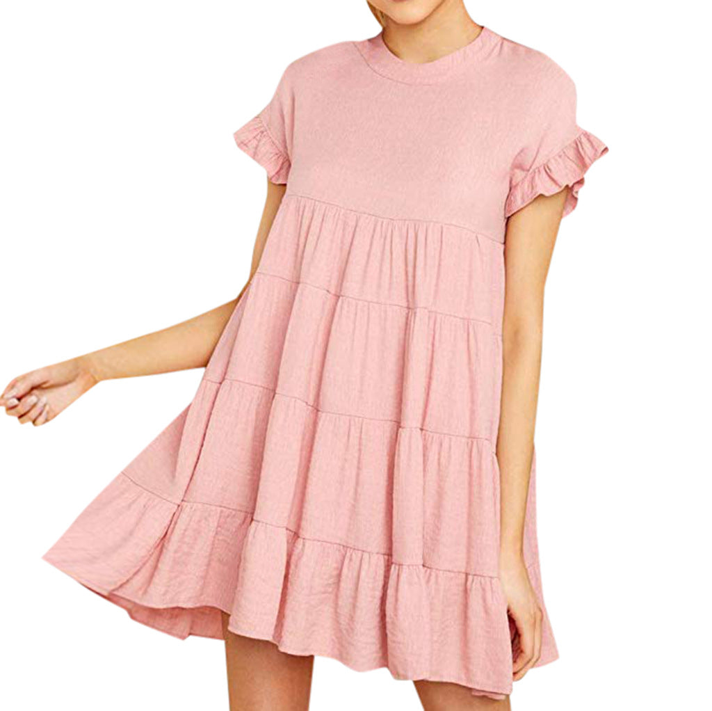 Damen Kurzarm Kleid Rüschendetails Fließender Schnitt Luftig Pastell