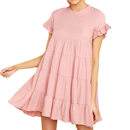 Damen Kurzarm Kleid Rüschendetails Fließender Schnitt Luftig Pastell