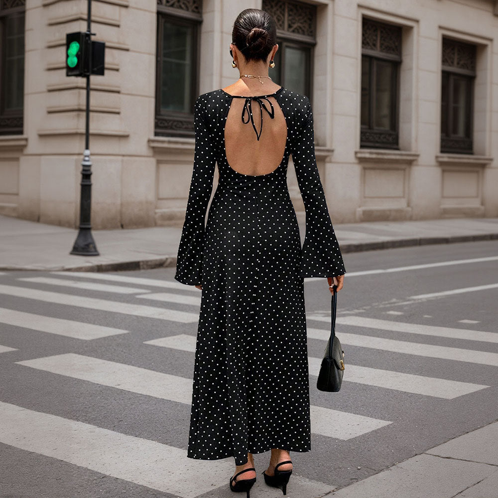 Damen Maxi-Kleid Punkte-Dessin Ärmel Elegant