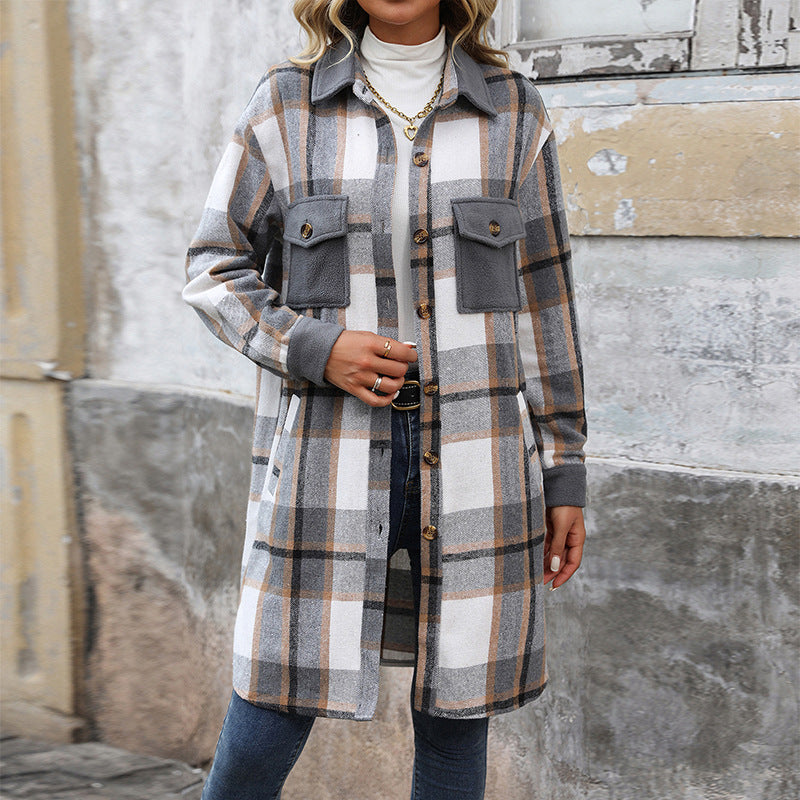 Damen Karierte Langarmjacke Baumwolle Moderner Schnitt weiß