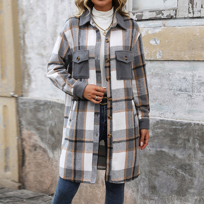 Damen Karierte Langarmjacke Baumwolle Moderner Schnitt weiß